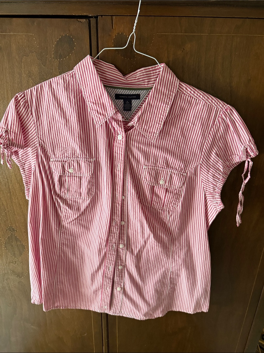 Tommy Hilfiger Women’s Red and White Striped Button-Down Shirt